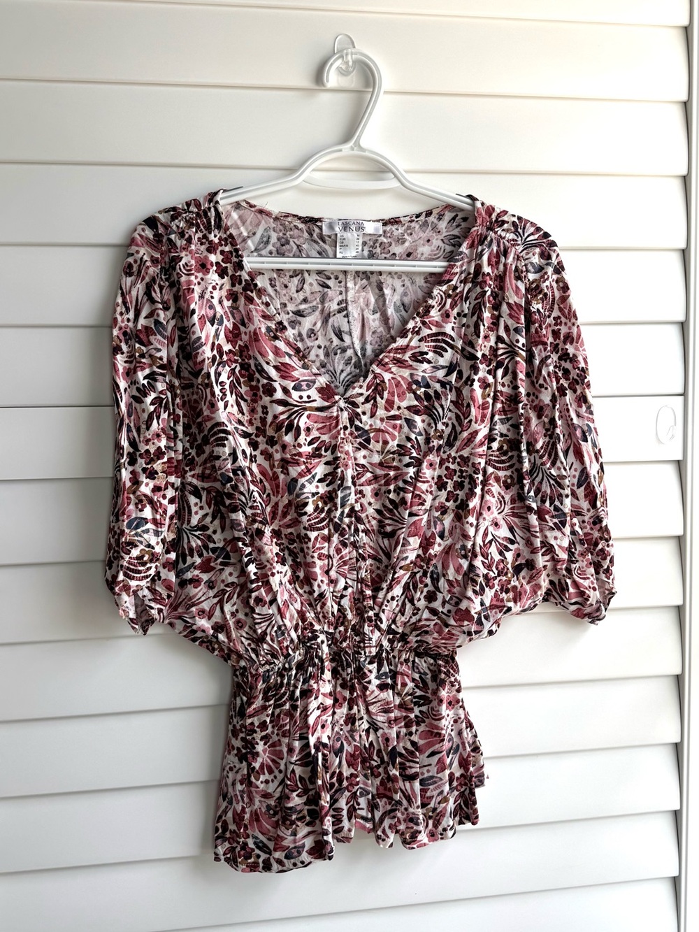 Lascana for Venus Floral V-Neck Smocked Waist Blouse | Size M